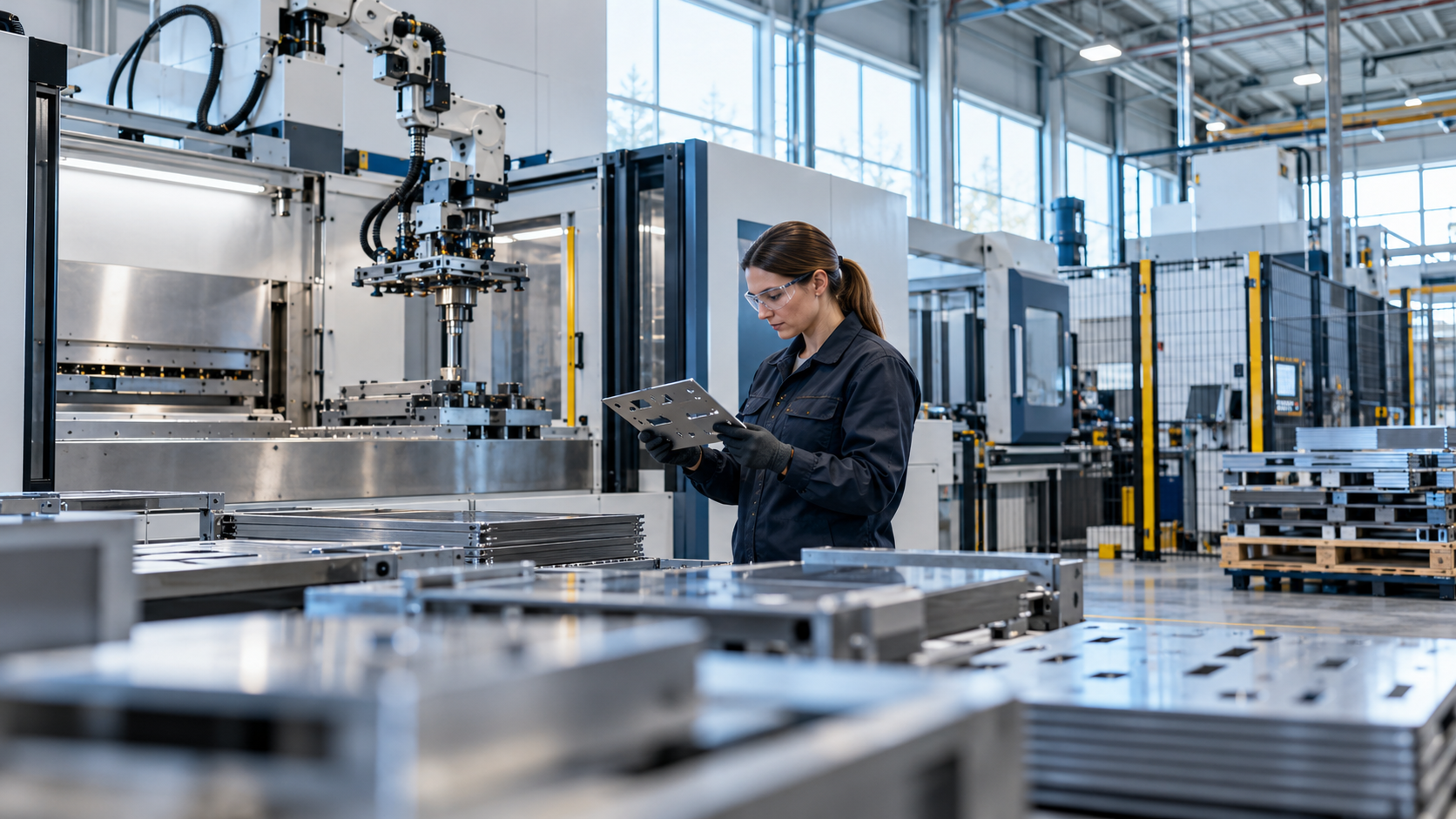 Technicienne portant des lunettes de sécurité examinant une pièce métallique dans une usine de fabrication automatisée